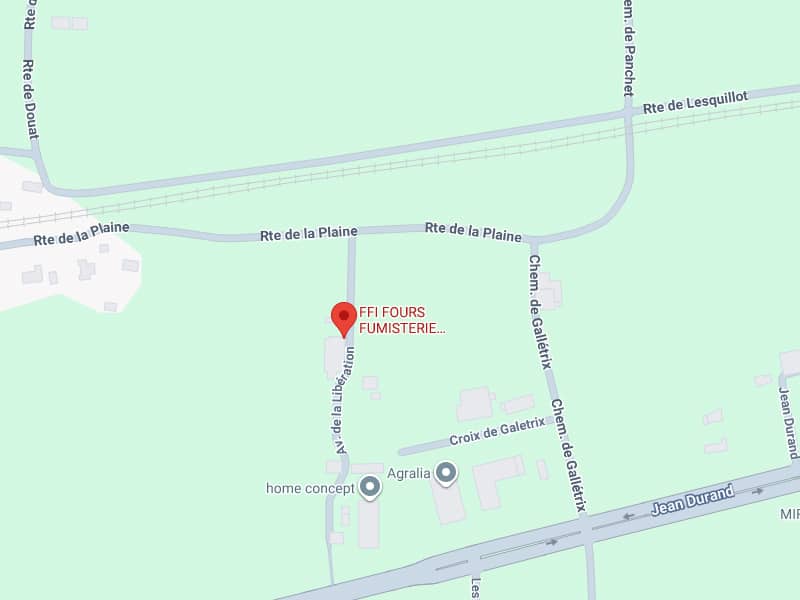 FFI Fours Fumisterie : Carte d'accès et adresse. Carte FFI FOURS FUMISTERIE sur l'Av. de la Libération, près de la Rte de la Plaine et du Chem. de Gallétrix. Points Agralia/home concept visibles.