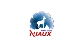 Logo Forges de Niaux - Symbole du chamois et de la forge. Logo de FORGES DE NIAUX: un chamois stylisé sur des montagnes enneigées, encadré par un engrenage bleu industriel. Le nom NIAUX est en rouge.