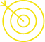 Symbole de cible jaune : Atteindre la précision parfaite Symbole de cible stylisé jaune sur fond noir. Une spirale concentrique est percée par une flèche en son centre, indiquant la précision.